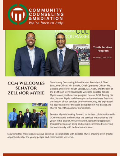 Newsletter layout that announces Senator Zellnor Myrie's visit to CCM. The text therein duplicates the text on this web page.